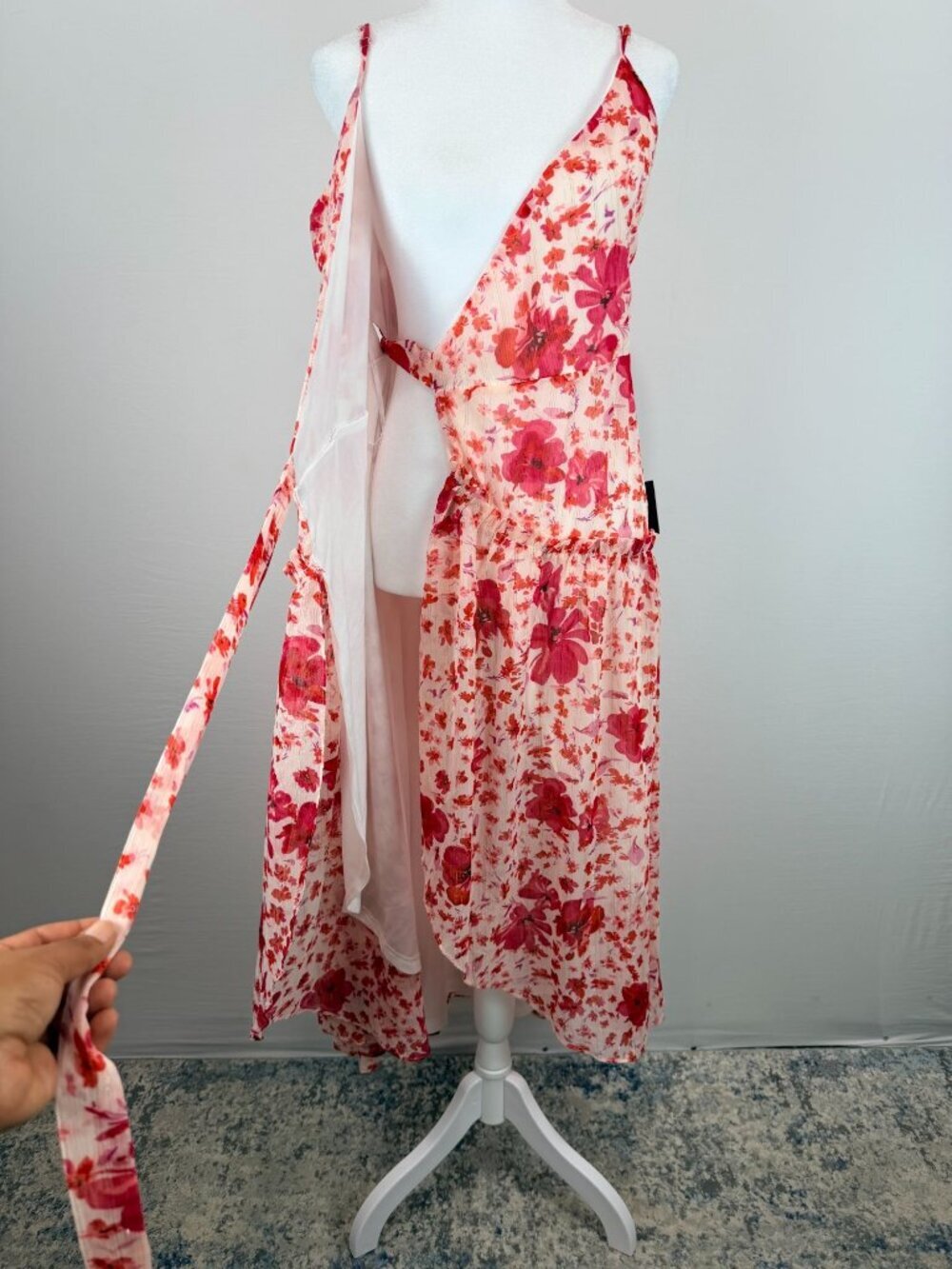 Lulus Womens Size S Pink Floral Wrap Midi Dress Ruffle Sleeveless NWT - Picture 7 of 16